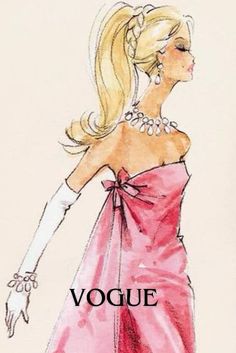 a drawing of a woman in a pink dress and white gloves with the word voque on it