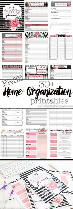 the ultimate planner printables bundle with pink flowers and black stripes on white paper