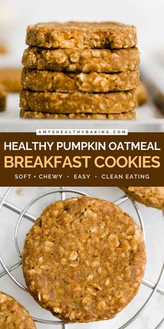 These soft and chewy oatmeal cookies are a perfect morning breakfast idea! These Healthy Pumpkin Oatmeal Breakfast Cookies are full of flavor and spices, and they're also clean eating with a gluten free option. This healthy baking idea is a tasty snack recipe, too! Pumpkin Oatmeal Breakfast, Healthy Pumpkin Oatmeal, Pumpkin Breakfast Cookies, Wholesome Breakfast, Oatmeal Breakfast Cookies, Pumpkin Oats