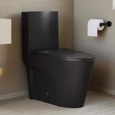 a black toilet in a bathroom next to a roll of toilet paper on the wall