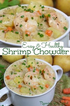 two pictures of shrimp chowder with potatoes, carrots and celery on the side