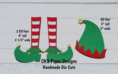 two christmas stockings and one elf's hat are shown with measurements for each pair