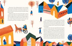 an illustrated book with people and buildings in the background, including a horse drawn carriage