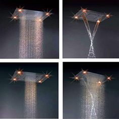 four different views of a shower head with lights on it's sides and the top part