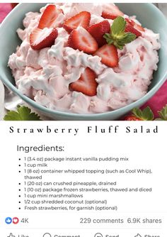 a recipe for strawberry fluff salad is shown on the app store's facebook page