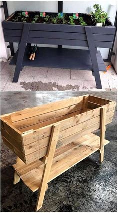 an outdoor planter made out of pallets and wooden planks with plants growing in them