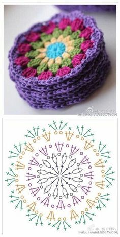 crocheted coasters are shown in different colors and sizes, including one with a flower