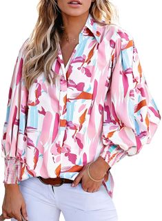 PRICES MAY VARY. V-Neck with Top Button: This 2024 women's balloon sleeves blouse features a V-neck design with a single top button, The only button is at the collar, and the rest of the blouse is stitched closed. The material of the blouse feels silky against the skin. The lantern sleeve detail on this women's shirt adds a fashionable statement.The elastic smocked wrist is comfortable,snug and stretchy for setting a different sleeve length.The sleeves are really nice when you wear them as long sleeves,but when you move them up to elbow length and it flutters out a little for full lantern. Paisley Print: The paisley print on this puffed sleeves loose top gives it a boho vibe, gives you a flowy feeling. The print is in bright colors, making it a standout piece in your collection of chic blo Balloon Sleeves Blouse, Shein Haul, Lantern Sleeved Blouses, Shein Outfits, Sleeves Blouse, Blouse Tops, Tunic Styles, Loose Tops, Lantern Sleeve