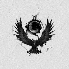 an artistic black and white drawing of a bird with its wings spread out in front of the moon