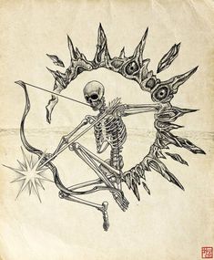 a drawing of a skeleton holding a bow and arrow