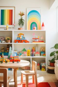 a child's play room with toys on the table and shelves in the background