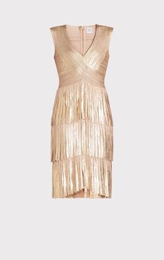 This metallic bodycon dress features a sleeveless silhouette with fringe trim and a knee-skimming hemline. Midi Dress Style, Rose Gold Foil, Herve Leger, Fringe Trim, Jacket Tops, Flapper Dress, Long Dress, Foil, 404 Not Found