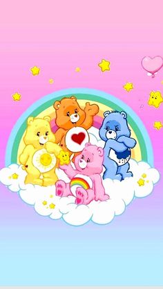 four teddy bears sitting on top of a cloud with hearts and stars in the sky