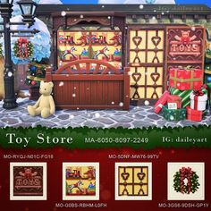 an advertisement for toys store with teddy bears and presents in front of the shopfront