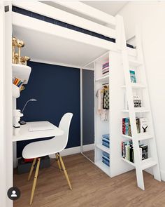 a room with a desk, bookshelf and ladder in the wall next to it