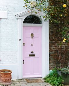 a pink door is in front of a white brick building with potted plants on the side