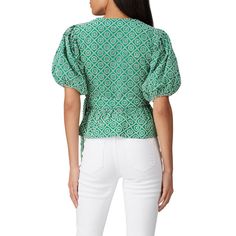 Green printed eyelet (100% Cotton). Top. Short sleeves. V-neckline. Hook-and-eye closure. 20" from shoulder to hemline. Imported. Summer V-neck Puff Sleeve Top For Daywear, Fitted Cotton V-neck Puff Sleeve Top, Casual V-neck Puff Sleeve Top For Daywear, Patterned V-neck Tops For Spring, Green Cotton Puff Sleeve Top For Summer, Summer Green Cotton Puff Sleeve Top, Spring Patterned V-neck Tops, Green Puff Sleeve Top For Spring Day Out, Printed V-neck Blouse For Daywear