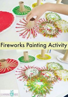 fireworks painting activity for kids to do with paper plates and toilet roll holders on the table