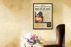 an old newspaper advertises mother's day celebration with flowers and a leather chair