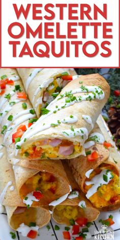 some taquitass are stacked on top of each other with the words western omelette taquitos