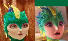 two different images of the same woman's face with feathers on her head, and one has green hair