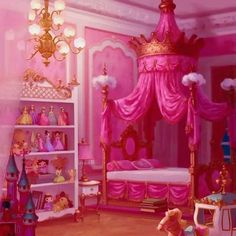 a pink princess bedroom with teddy bears on the floor