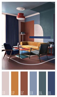 a living room filled with furniture and color swatches in shades of blue, orange, yellow