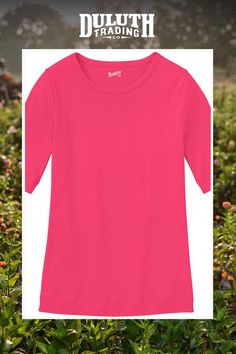 Our Women’s Longtail T Elbow Sleeve Scoopneck is a full 2" longer than an ordinary t-shirt to stay tucked and keep you covered when you bend, reach or sit. Pink Stretch T-shirt With Scoop Neck, Duluth Trading Company, Out Of Shape, Elbow Sleeve, Long Tail, Trendy Tshirts, Modern Fit, Bend, Scoop Neck