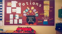 a bulletin board in a classroom with lots of writing and pictures on the back wall