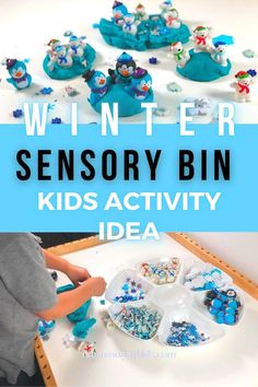 Winter Sensory Bin Kids Activity Idea - This is a fun Winter sensory bin activity for young kids to do on a cold Winter day when they can't go out to play.
This sensory bin is simple and easy to put together for a fun afternoon of play. 
#wintersensorybinidea, #wintersensoryplay, #sensorybinkidsactivities, #wintersensorytrayplay Frozen Sensory Bin, January Sensory Bin Ideas, Diy Toddler Activities, Sensory Tray, Preschool Winter, Preschool Centers