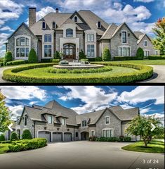 two pictures of a large house with hedges in the front yard and on the back