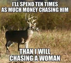 a deer standing in the middle of a field with words above it that read, i'll spend ten times as much money chasing him than i will chasing a woman