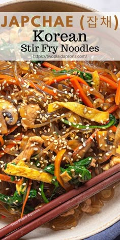 Japchae (잡채), or Chapchae, is a dish that's been in my family for a long time. Everybody makes it different and you can add anything and everything you want. Japchae is a Korean noodle dish that is packed with a rainbow of vegetables, ribbons of egg, and meat if you want! It's super easy to make and it is a very healthy recipe that anyone can enjoy. Visit our blog for the recipe and more! | Two Plaid Aprons | #japchae #chapchae #korean #recipe #healthy #noodles #koreanfood #asian Chapchae Recipe Korean, Japchae Noodles, Korean Noodle Dishes, Korean Night, Glass Noodles Recipe, Korean Stir Fry, Korean Glass Noodles, Korean Sweet Potato, Korean Recipe