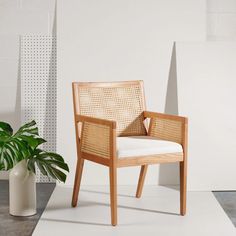 a chair sitting next to a potted plant on top of a white floor in front of a wall