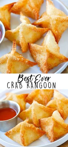 crab rangoon on a plate with dipping sauce