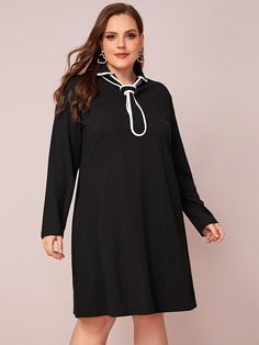 Plus Contrast Binding Tie Neck Dress #Sponsored , #SPONSORED, #Binding#Contrast#Tie Shoulder Bags Outfit, Tie Neck Dress, Tie Neck, Neck Tie, Neck Dress, Binding