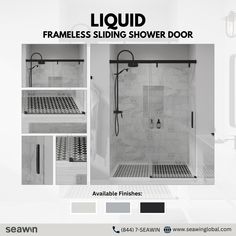 the frameless sliding shower door is shown in black and white with four different finishes