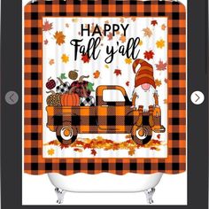 an orange and black plaid shower curtain with the words happy fall y'all on it