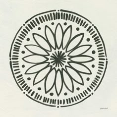 a black and white drawing of a flower in a circular design on a paper background