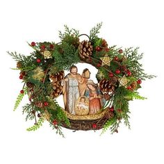 a nativity scene with pine cones and greenery is displayed on a white background