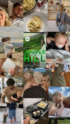 a collage of photos with people and food in them, including an image of a man holding a baby