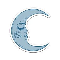 a blue sticker with the face of a woman's head and crescent moon