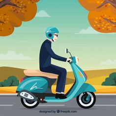 a man riding a scooter down the road in front of trees and bushes