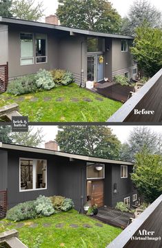 before and after pictures of a house with grass on the roof, side by side