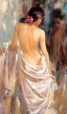 a painting of a woman in a white dress looking into a mirror with her back to the camera