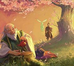 an old man sitting under a tree next to another man holding a teapot and pot