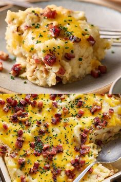 two plates with mashed potatoes covered in bacon and topped with green sprinkles