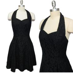 Vintage 1980s Positively Ellen black lace open back halter dress with sweetheart neckline and tulle underskirt. Vintage Talon zipper. Union made in USA. Marked size 10, see measurements for best modern fit. As a vintage piece, may show signs of normal wear and use consistent with age. In gently preowned condition, no flaws noted.  Measurements are approximate, lying flat.  16" Bust pit to pit 14.5" Across the waist 35" Length shoulder to hem Black Dresses Hoco, Fitted Halter Dress With Sweetheart Neckline, Fitted Halter Dress With Back Zipper For Party, Vintage Backless Party Dress, Fitted Lace Halter Dress For Party, Fitted Lace Halter Neck Dress, Coquette Style Lined Party Dress, Coquette Lined Party Dresses, Lace Backless Halter Dress