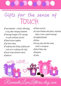 a pink and white poster with gifts for the sense of touch on it's back