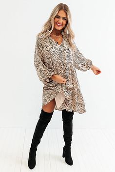 Khaki Leopard Print Ruffled V Neck Long Sleeve Mini Dress Leopard Satin Dress, Long Sleeve Tunic Dress, Leopard Fashion, Black Leopard Print, Long Sleeve Short Dress, Chambray Dress, Khaki Dress, Black Leopard, V Cut